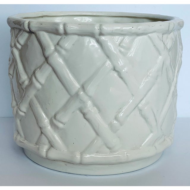 Vintage Hollywood Regency/Palm Beach White Ceramic Faux Bamboo Cache Pot/Planter For Sale - Image 11 of 12