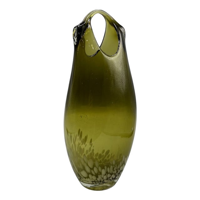 Large Mid-Century Hand-Blown Olive Green and White Spatter Art Glass Vase, 1970s For Sale
