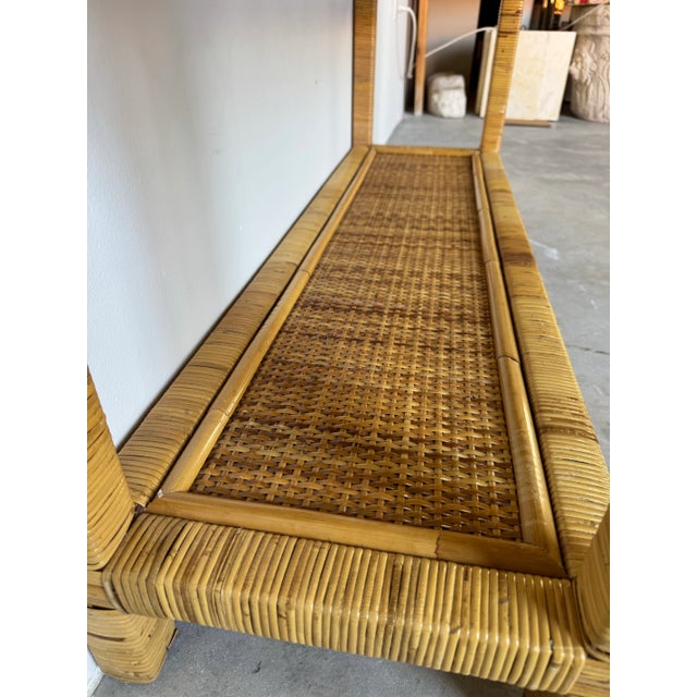 1980s Vintage Coastal Rattan Two-Tier Console Table With Glass Top/Sold For Sale - Image 5 of 12