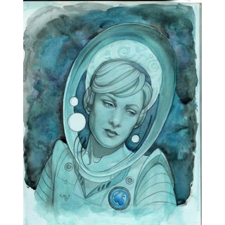Blue Astronaut by Rhonda Libbey | Watercolor on Arches paper of a woman in a space helmet For Sale
