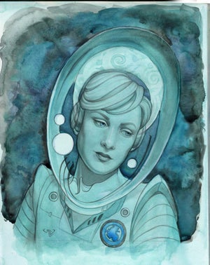Blue Astronaut by Rhonda Libbey | Watercolor on Arches paper of a woman in a space helmet