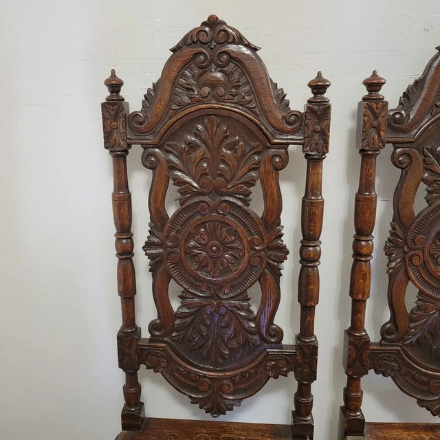 Late 19th Century 19th C English Jacobean English Carved Oak Hall Chairs - a Pair For Sale - Image 5 of 11