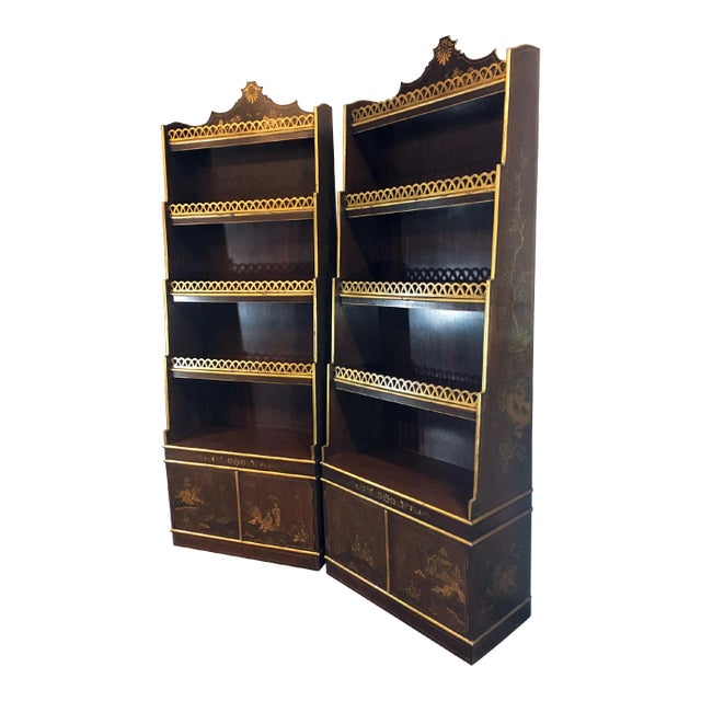 Hollywood Regency Chinoiserie Stepback Display Bookcases - a Pair For Sale