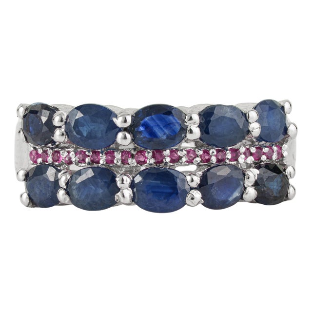 2.29 Ct Blue Sapphire and Ruby Handmade 925 Sterling Silver Ring, Size 5 For Sale