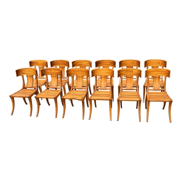 Teak Klismos Patio Dining Chairs. - Set of 12 For Sale