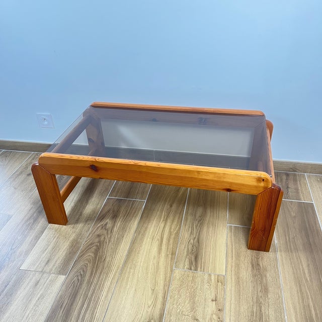 Wood Coffee Table in Pine with Smoked Glass Top, 1970s For Sale - Image 7 of 18