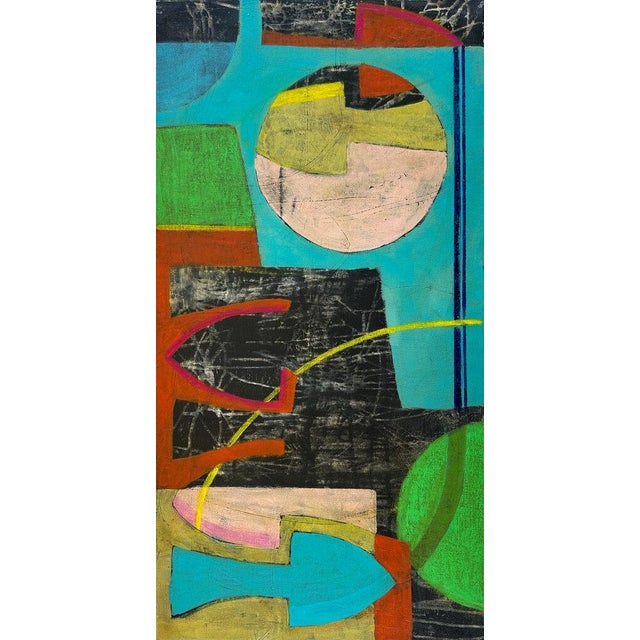 Turquoise, black, lime green and blush shapes overlap in a layered composition, with a yellow arc sweeping across the...