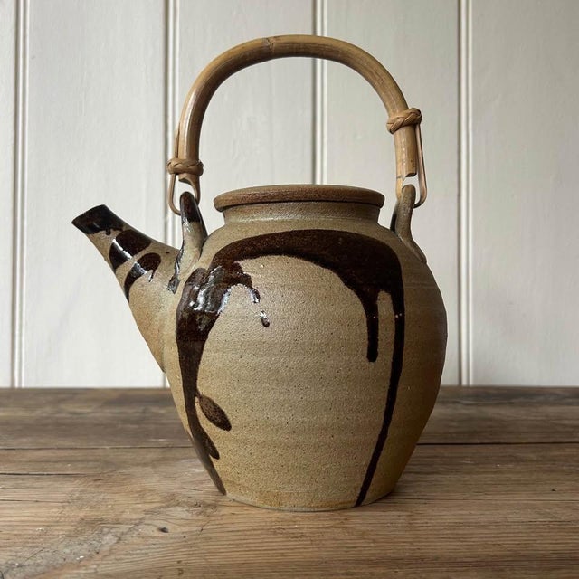 Large Vintage Japanese Inspired Teapot with Brown Drip Glaze Decoration and Cane Handle, 1960s, in Good conditions....