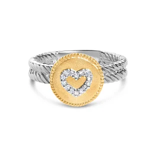 18K Yellow Gold Plated .925 Sterling Silver Diamond Heart Ring with Satin Finish (I-J Color, SI1-SI2 Clarity) - Ring Size 6