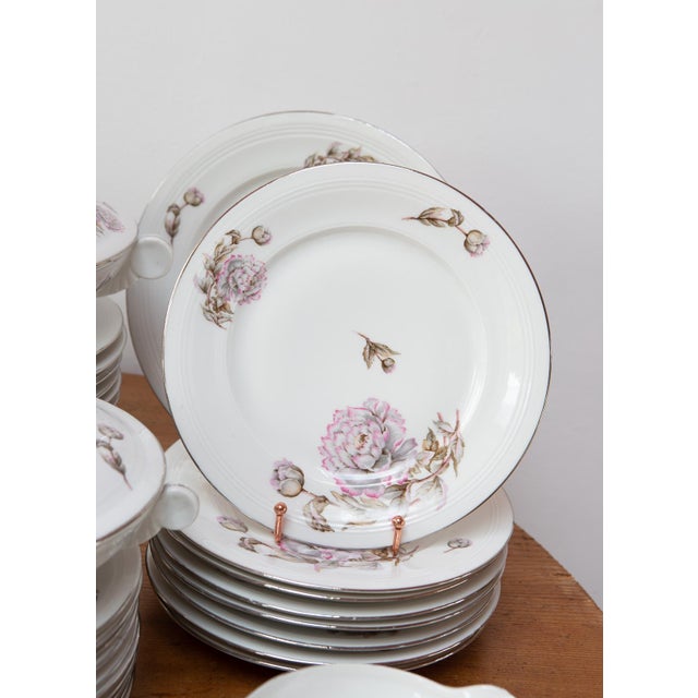 French Art Deco Porcelain Dinnerware Set with Mauve Flowers, 1930s, Set of 42 For Sale - Image 3 of 8