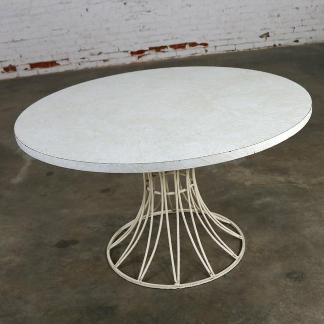 Mid Century Modern Round Wrought Iron and Laminate Patio Dining Table