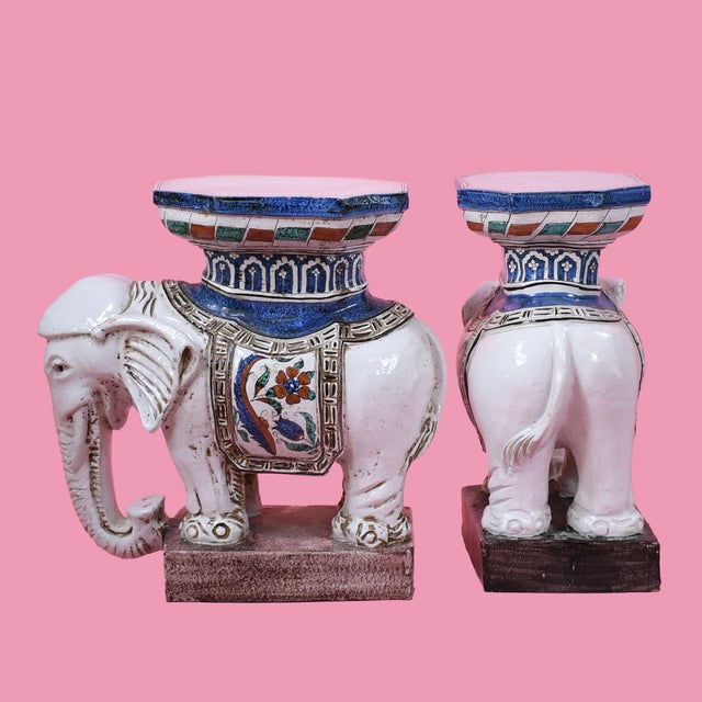 Late 20th Century Pair of Chinoiserie White Elephant Garden Seats For Sale - Image 4 of 5
