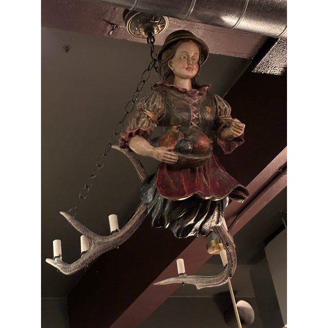 Mid 19th Century Antique Black Forest Lusterweibchen Figural Chandelier, Polychrome Carved Wood Maiden With Fruit, Swiss, 19th Century [Hb] For Sale - Image 5 of 6
