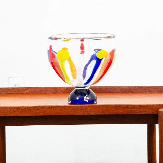 Art glass round abstract vase by Svoboda, Karlov. Comes in orange, blue and yellow and reds. signed example. Heavy and...