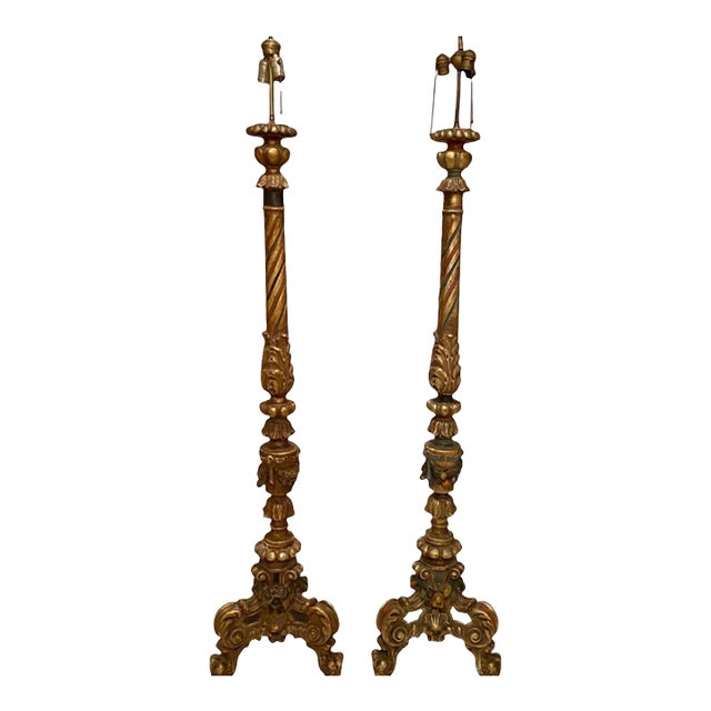 Pair Antique Floor Lamps Early 20th C. Venetian Style Renaissance Revival 73"h For Sale