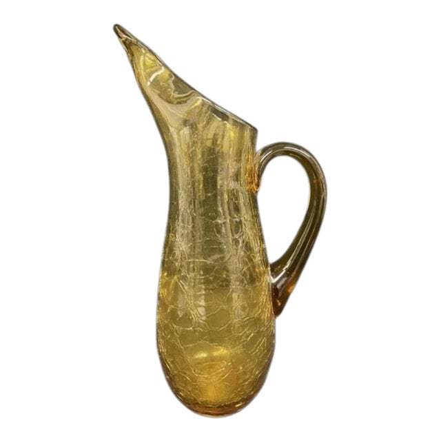 1960s Mid-Century Modern Amber Crackle Glass Pitcher 14.25" For Sale
