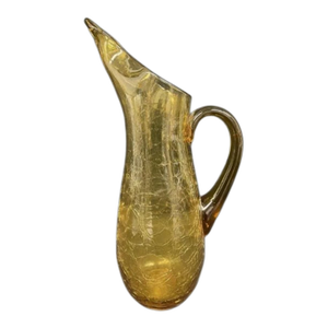 1960s Mid-Century Modern Amber Crackle Glass Pitcher 14.25"