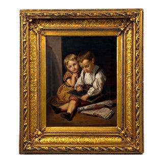 Continental School, Children at Their Lessons, Oil on Canvas, Europe, 19th C. For Sale