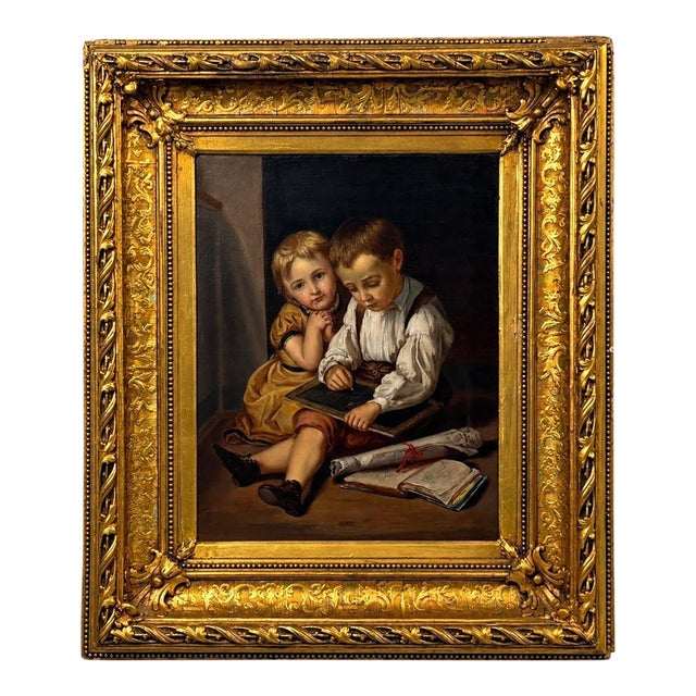 Continental School, Children at Their Lessons, Oil on Canvas, Europe, 19th C. For Sale