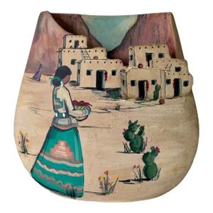 1980's Terri Brody Elenzweig Southwest Pueblo Art Hand Painted Ceramic Vase