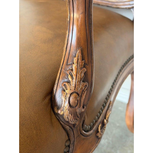 Pair of VIntage French Louis XV Cognac Leather Fauteuils For Sale - Image 16 of 18