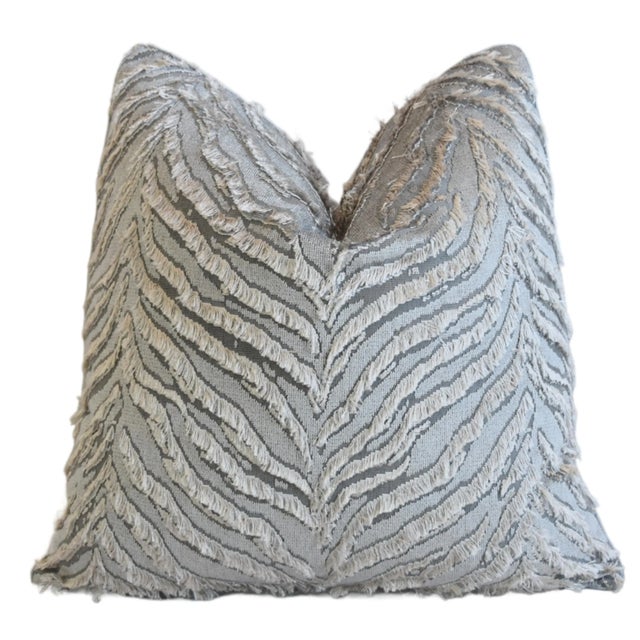 Silver Designer Jim Thompson Animal Tiger Stripe Shag Velvet Feather/Down Pillow 21" Square For Sale - Image 8 of 9
