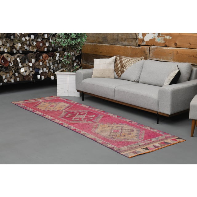Vintage Turkish Hand-Knotted Wool Cotton Pink Runner Rug For Sale - Image 9 of 12