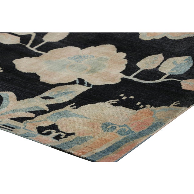 Rug & Kilim’s Chinese Art Deco Style Rug, Midnight Blue With Floral Patterns For Sale In New York - Image 6 of 7