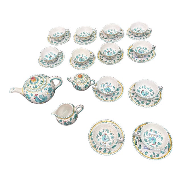1960s Deruta Italy Rooster Tea Set Majolica Boho Pottery - 27 Pieces For Sale