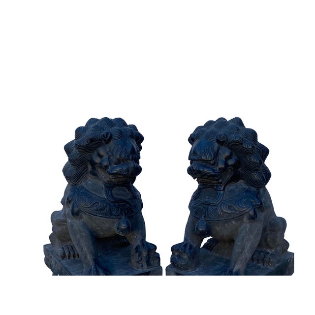 24" Chinese Medium Pair Black Gray Stone Fengshui Foo Dog Statues For Sale In San Francisco - Image 6 of 14