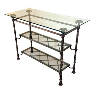 Hollywood Regency Bronzed Metal Faux Bamboo Console Table With Palm Tree Finials For Sale