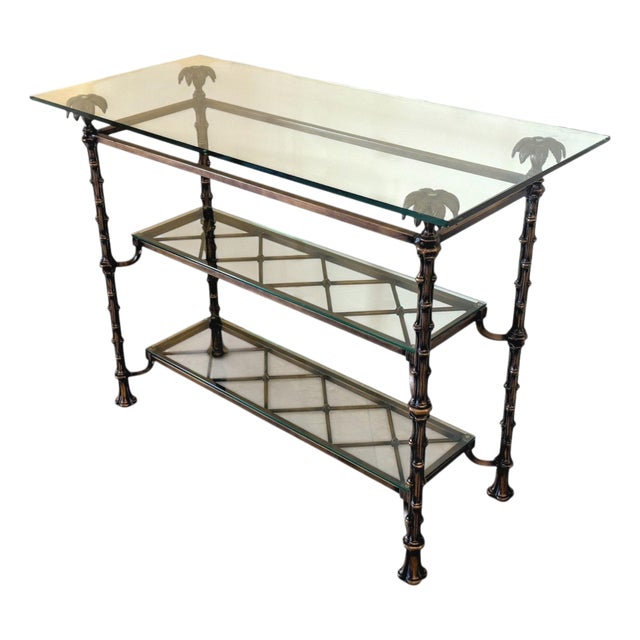Hollywood Regency Bronzed Metal Faux Bamboo Console Table With Palm Tree Finials For Sale