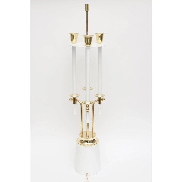 Wood Mid Century Modern Parzinger Style Brass & White Lacquered Metal Tall Table Lamp, Restored For Sale - Image 7 of 11