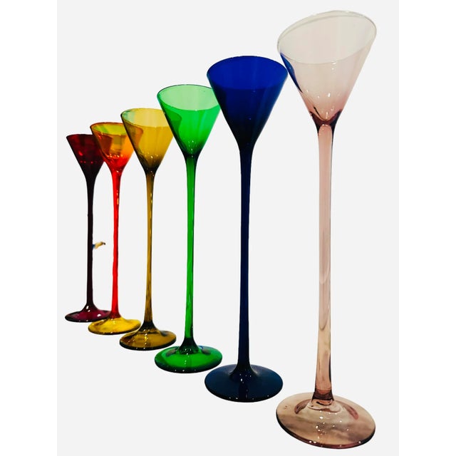 1970s Vintage Colorful Stemware 10" Tall Glass Flutes Set of 6 For Sale - Image 5 of 10
