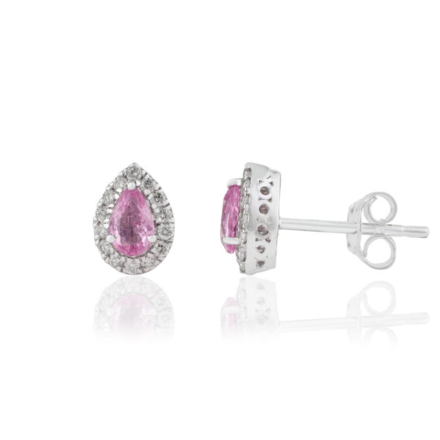 Natural Pear Cut Pink Sapphire & Diamond Halo Stud Earrings in 18k White Gold- 2 Pieces For Sale - Image 4 of 13