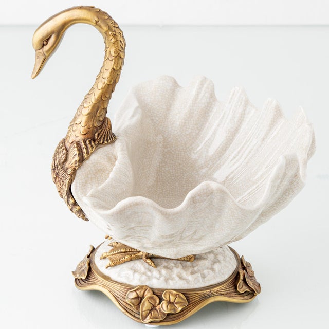 Metal Hollywood Regency Sculptural Porcelain Swan Bowl For Sale - Image 7 of 16