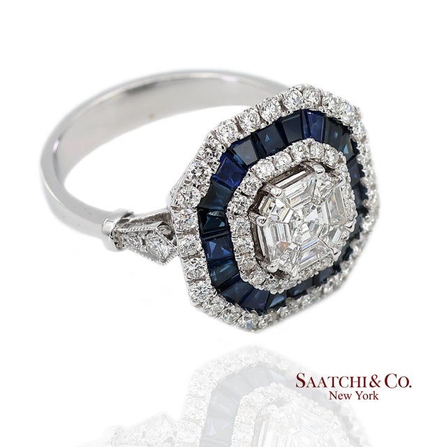 Metal 18k(750) White Gold Royal Blue Sapphire and Asscher Pie Cut Natural Diamond Ring, Size 6.5 For Sale - Image 7 of 11