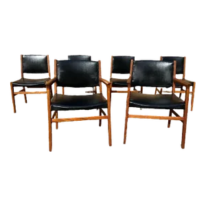 Six Teak Leather Chairs Possibly by Hans Wegner for Jonhannes Hansen Mid Century 1950s