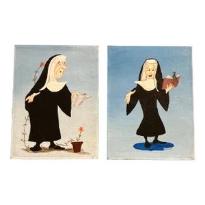 1960’s 2 Vintage Original Humorous Folk Art Nun Paintings Signed Jewell -A Pair