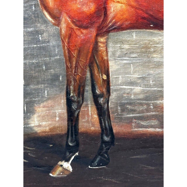 British Antique Oil Painting in the Manner of Sir Alfred Munnings C1912 Equine Portrait the Mint Chestnut Thoroughbred Stallion in Stable For Sale - Image 17 of 18