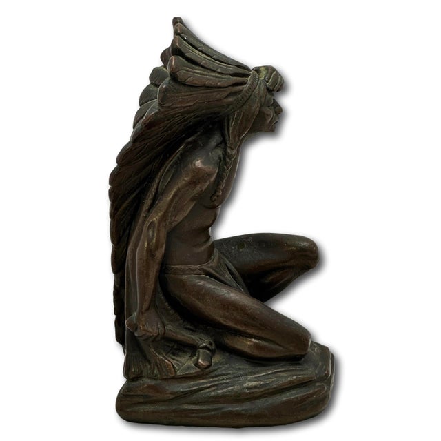 Large & Unusual Antique Native American Indian Motif Bronze Clad Bookends Signed Ruhl - Circa 1910s For Sale - Image 11 of 18