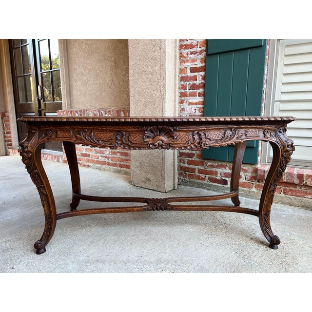 Antique French Center Library Table Louis XV Carved Oak Rococo Parquetry C1890 For Sale - Image 15 of 18