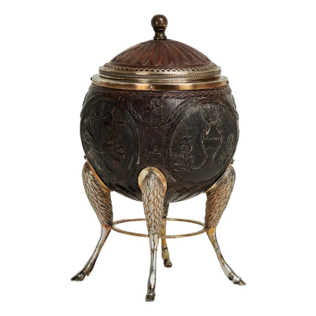 Antique French Regency Style Carved Coconut Box on Hoofed Stand For Sale