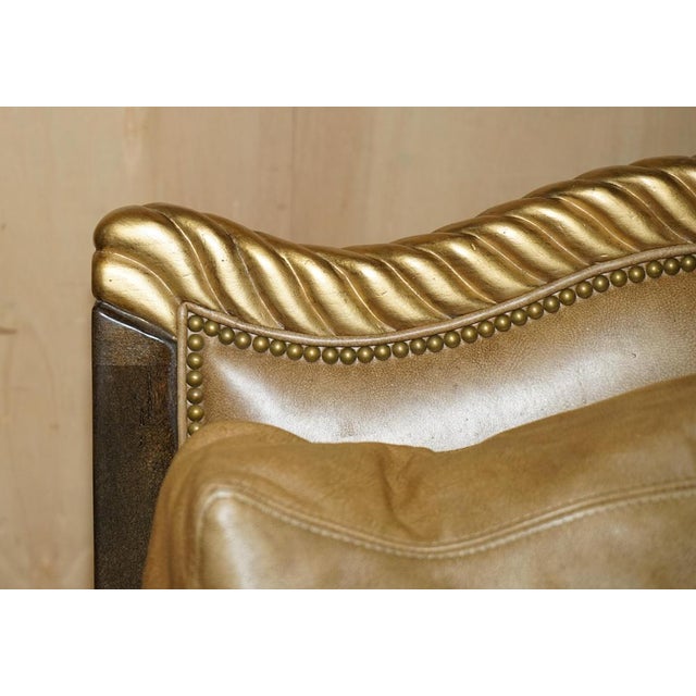 Set of Large Vintage Italian Brown Leather & Giltwood Throne Armchair & Footstool For Sale - Image 5 of 18