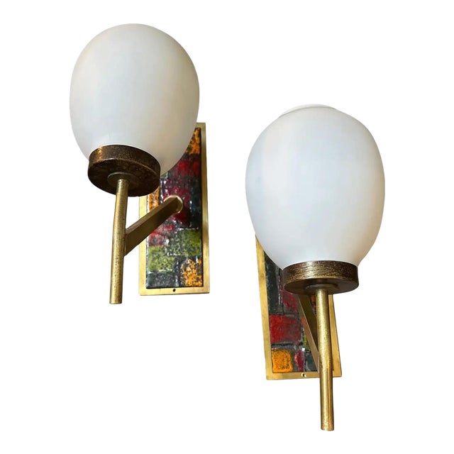 1950s Mid-Century Modern Enameled Brass and Glass Italian Wall Sconces For Sale