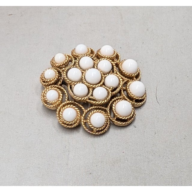 Mid-Century Modern Vintage 1964 Signed Crown Trifari White Cabochon Brooch, Harper's Bazaar Ad Piece For Sale - Image 3 of 7