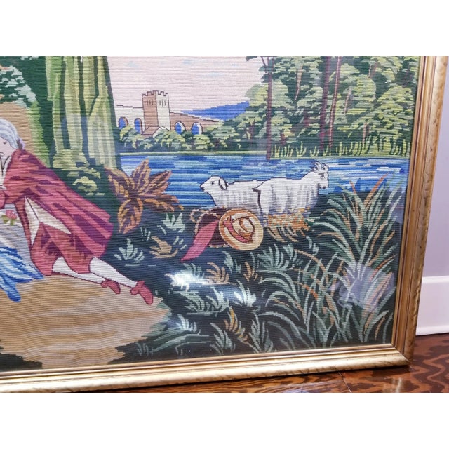 Vintage Extra Large Giltwood Framed Colorful 18th Century Scene Needlepoint For Sale - Image 9 of 10