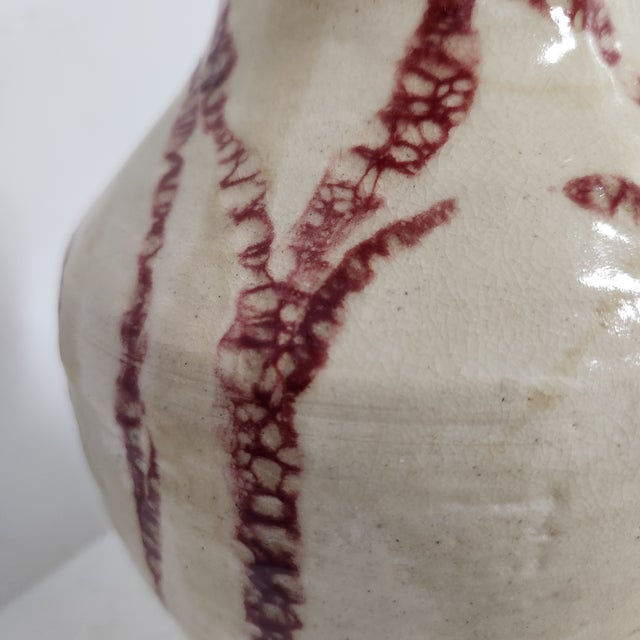 Studio Pottery Vase by J. Weber – Cream Crackle With Oxblood Red Drip Glaze (2003) For Sale - Image 9 of 11