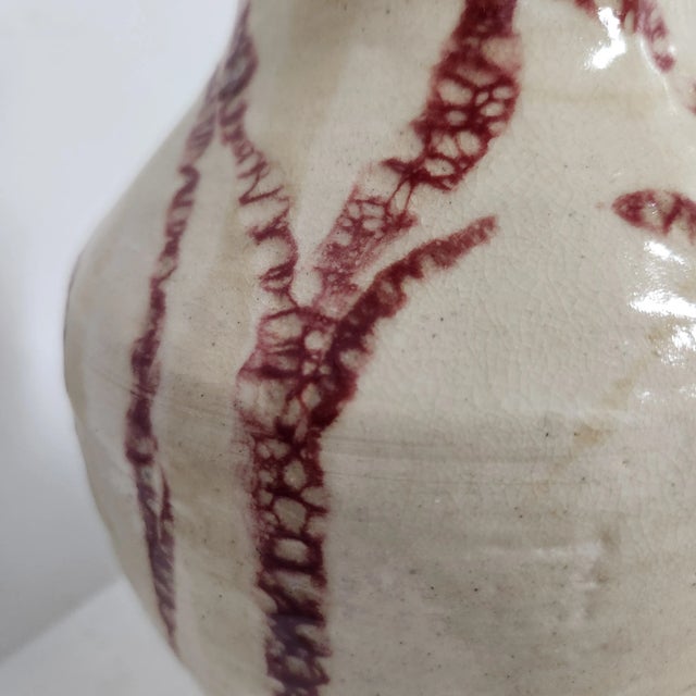 Vintage J. Weber Studio Pottery Oxblood Drip Glaze Cream Crackle Vase For Sale - Image 9 of 11