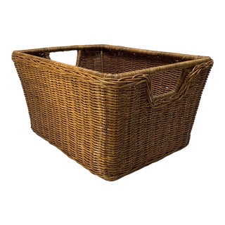 Vintage French Wicker Storage Bin With Metal Wrapped Frame For Sale